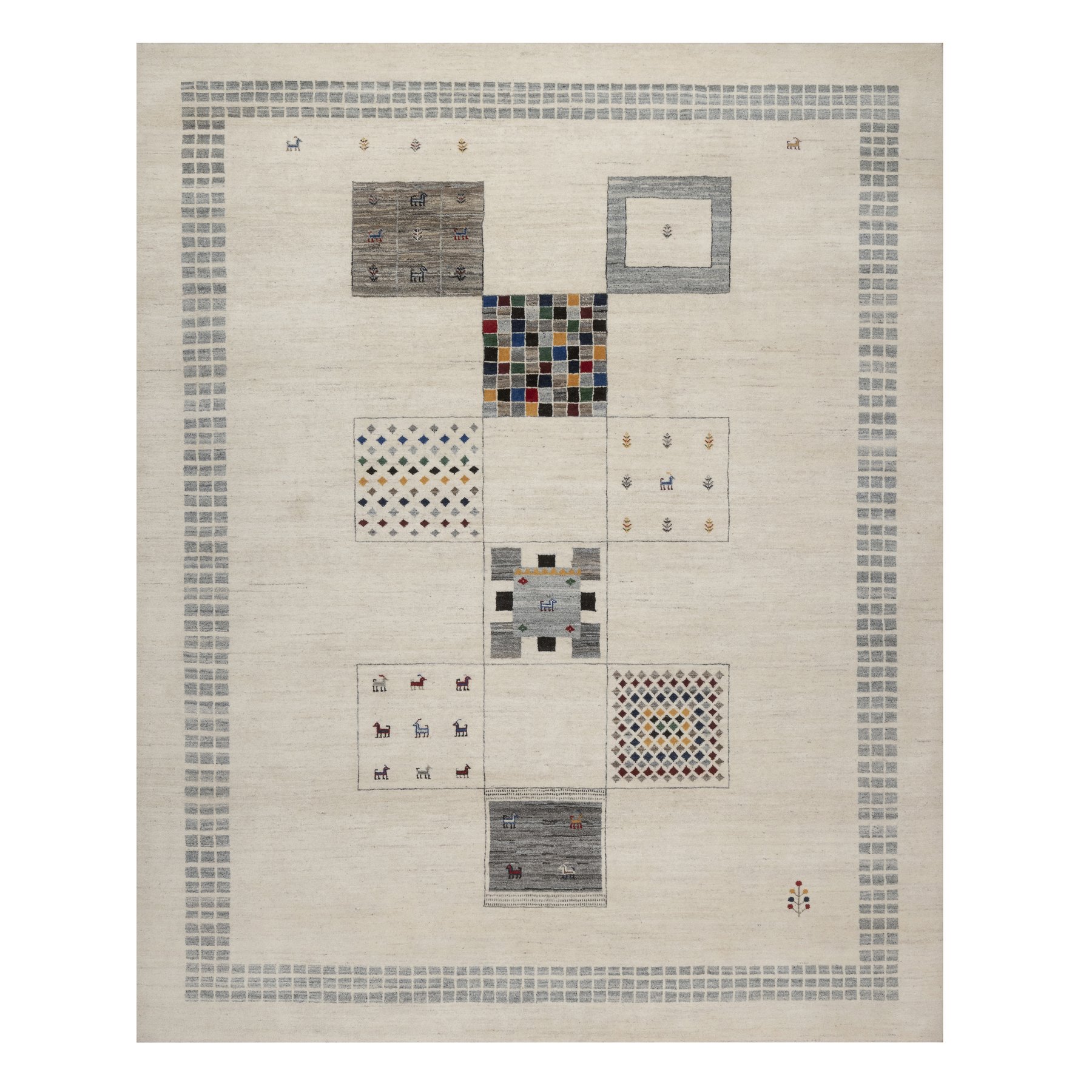 Parchment White, Modern, Lori Buft Gabbeh with Block Design, Small Animal Figurines, Soft Wool, Hand Knotted, Thick and Plush, Oriental Rug